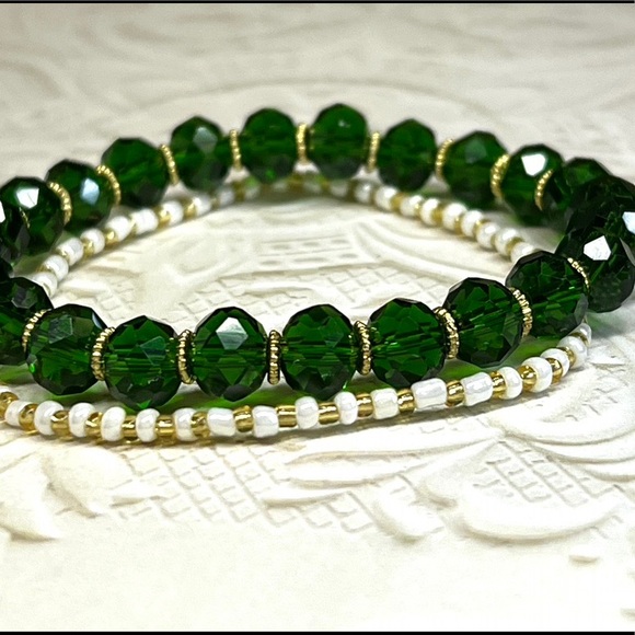 BRAND NEW Green Crystal glass bead, Agate, Bracelet set. - Picture 3 of 5